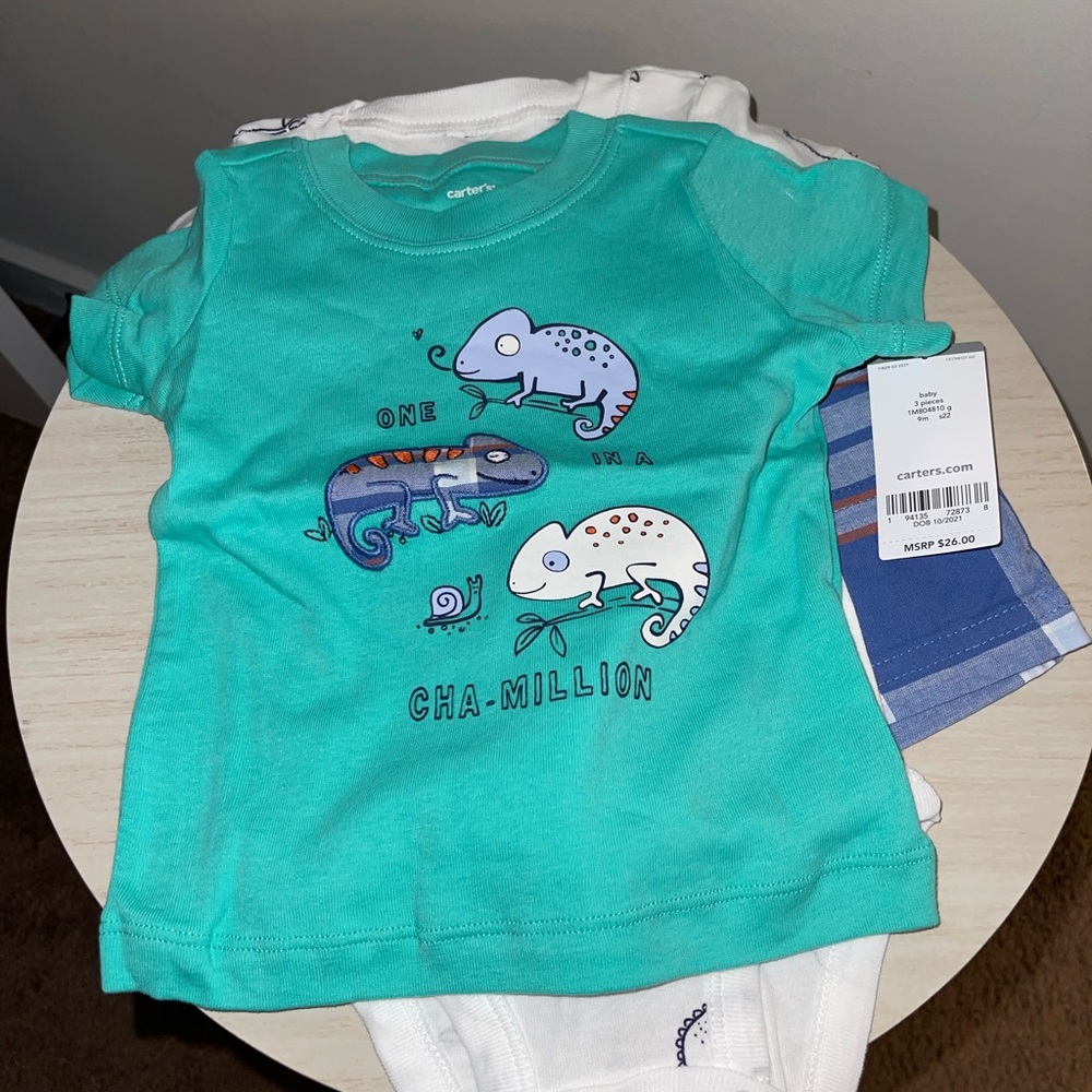 CARTERS 
Baby Three piece short set Boys 9M NWT
One in a Chamillion Shirt 💙